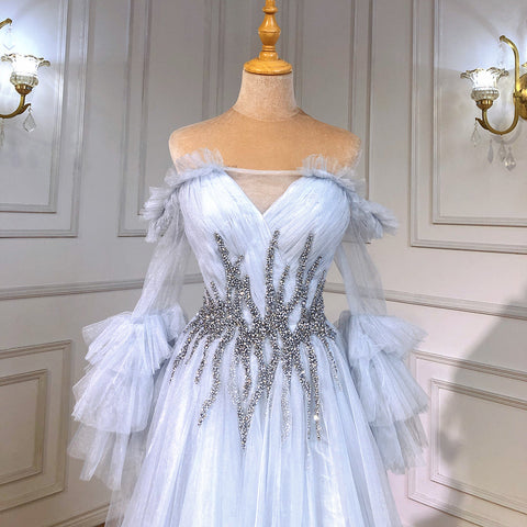 Vestidos de noche sexys de corte A en azul, con escote barco y cuentas, para mujer, ideales para bodas y fiestas (LA71483) 