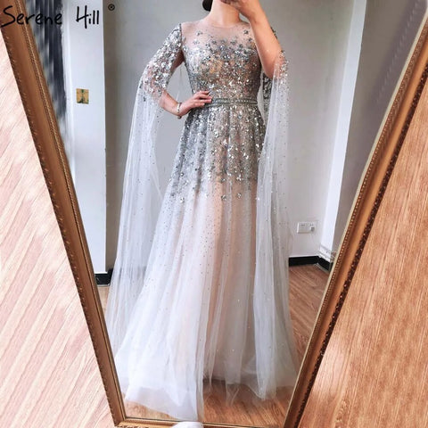 Blue Arabic Cape Sleeves Beaded Luxury Dubai Evening Dresses Gowns Formal Gowns 2025 For Women Wedding Party LA70454