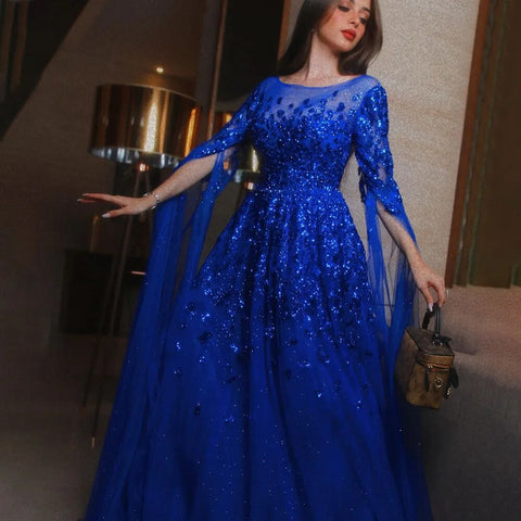 Blue Arabic Cape Sleeves Beaded Luxury Dubai Evening Dresses Gowns Formal Gowns 2025 For Women Wedding Party LA70454