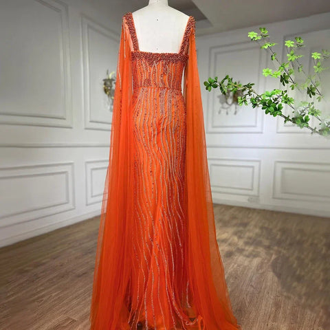 Blue Arabic Luxury Beaded Mermaid Evening Dress Gown with Cape Sleeves LA71715