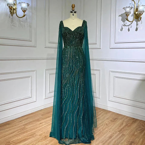 Blue Arabic Luxury Beaded Mermaid Evening Dress Gown with Cape Sleeves LA71715