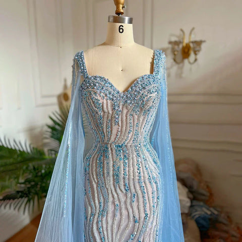 Blue Arabic Luxury Beaded Mermaid Evening Dress Gown with Cape Sleeves LA71715
