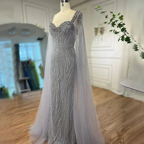 Blue Arabic Luxury Beaded Mermaid Evening Dress Gown with Cape Sleeves LA71715