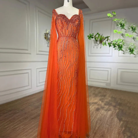 Blue Arabic Luxury Beaded Mermaid Evening Dress Gown with Cape Sleeves LA71715