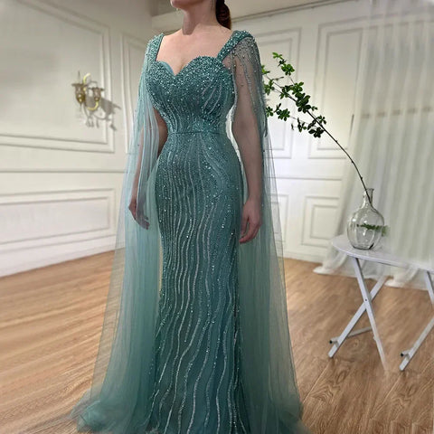 Blue Arabic Luxury Beaded Mermaid Evening Dress Gown with Cape Sleeves LA71715