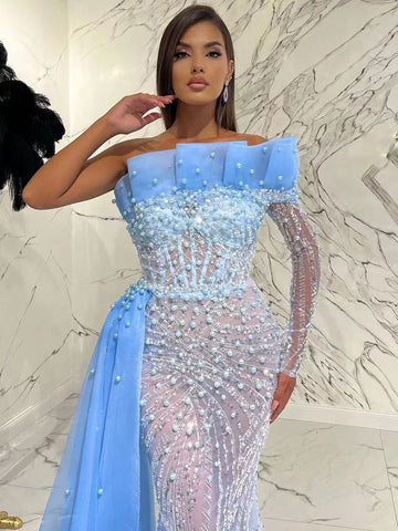 Vestidos de noche elegantes y sexys de sirena árabe azul con un solo hombro, colección 2025, con perlas de lujo y cuentas para fiestas LA71718 