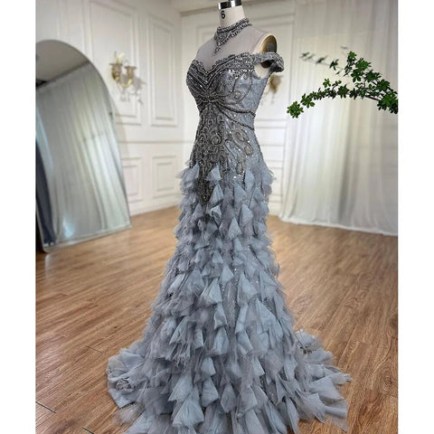 Vestidos de noche de lujo estilo sirena árabe azul con perlas y cuentas, elegantes para mujer, ideales para bodas y fiestas 2025 LA72164 