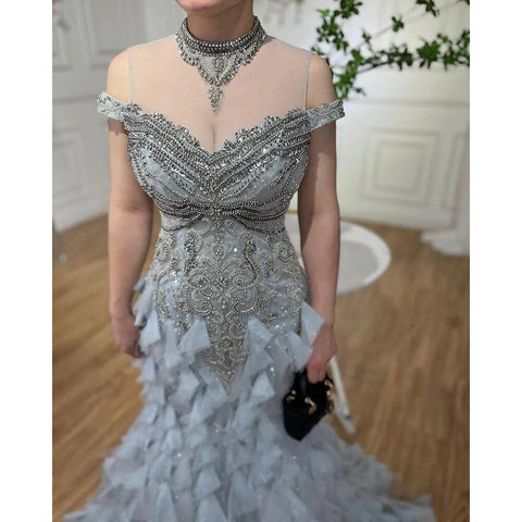 Vestidos de noche de lujo estilo sirena árabe azul con perlas y cuentas, elegantes para mujer, ideales para bodas y fiestas 2025 LA72164 