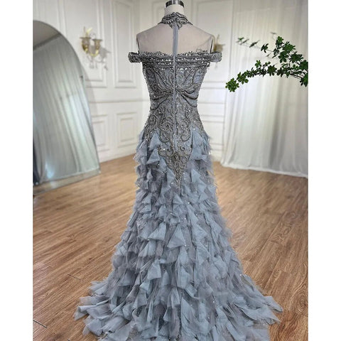 Vestidos de noche de lujo estilo sirena árabe azul con perlas y cuentas, elegantes para mujer, ideales para bodas y fiestas 2025 LA72164 