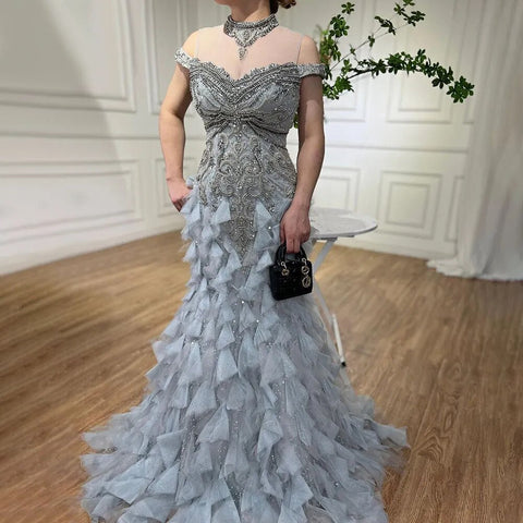 Vestidos de noche de lujo estilo sirena árabe azul con perlas y cuentas, elegantes para mujer, ideales para bodas y fiestas 2025 LA72164 