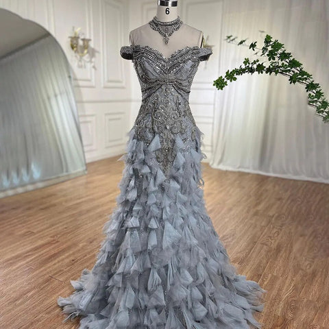 Vestidos de noche de lujo estilo sirena árabe azul con perlas y cuentas, elegantes para mujer, ideales para bodas y fiestas 2025 LA72164 