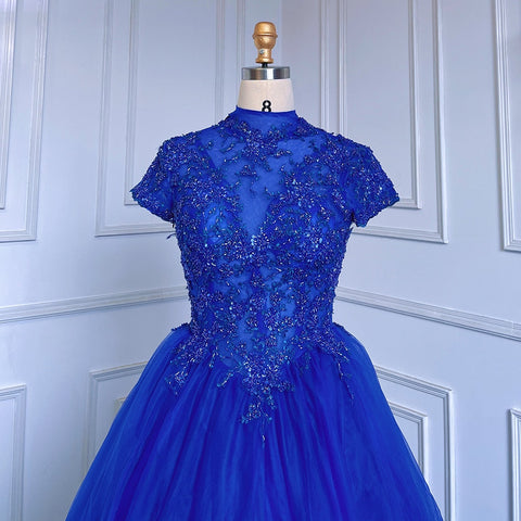 Vestido de gala azul, manga corta, tul, lujoso, con cuentas, para mujer, fiesta, LA70477