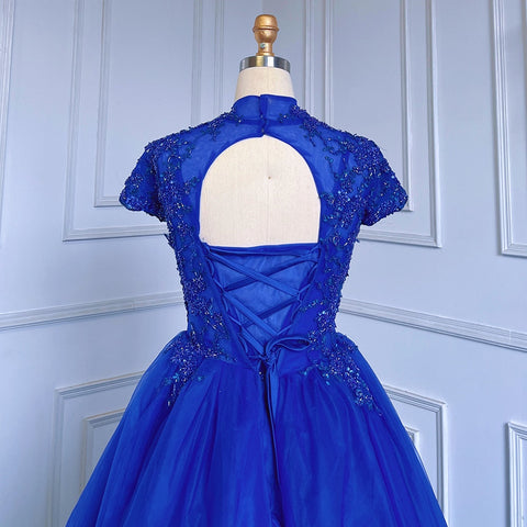 Vestido de gala azul, manga corta, tul, lujoso, con cuentas, para mujer, fiesta, LA70477