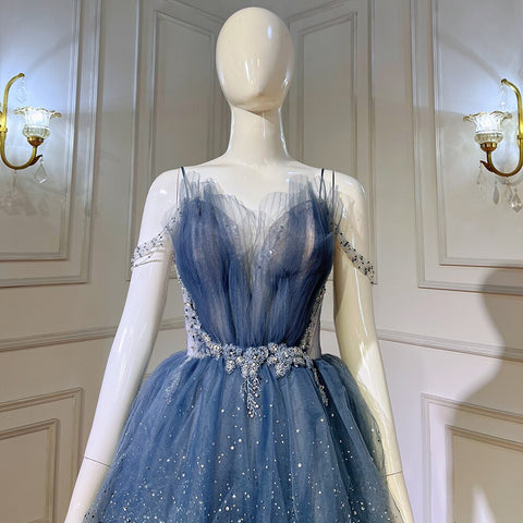 Vestidos de noche azules con cuentas brillantes, tirantes finos, sexys, 2025, para mujer, fiesta LA71292 