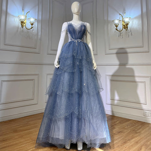 Vestidos de noche azules con cuentas brillantes, tirantes finos, sexys, 2025, para mujer, fiesta LA71292 