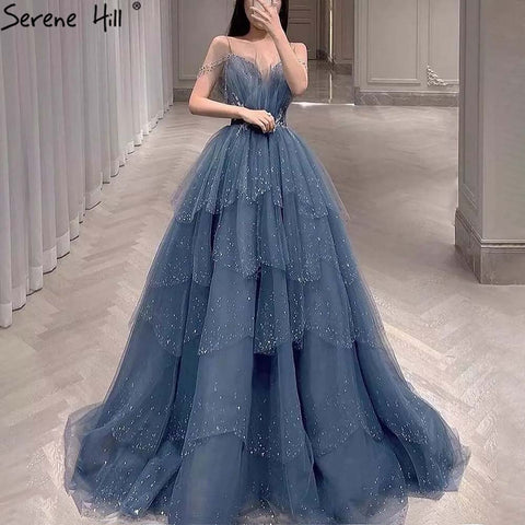 Vestidos de noche azules con cuentas brillantes, tirantes finos, sexys, 2025, para mujer, fiesta LA71292 