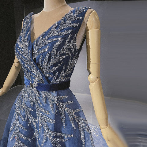 Vestidos de noche azules con cuentas brillantes, escote en V, corte en A, sexys y lujosos, para mujer, ideales para fiestas (LA71508) 