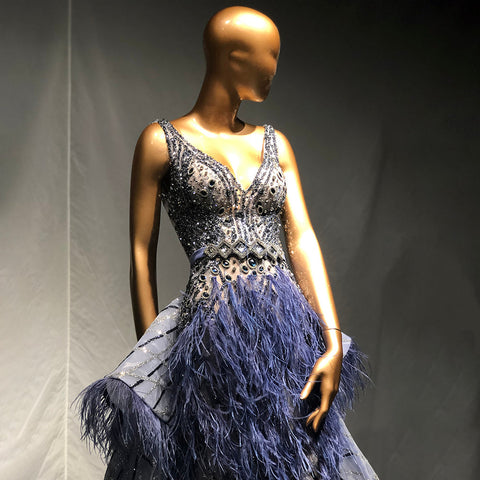 Vestidos de noche azules con cuentas y plumas, estilo sirena, elegantes y lujosos, con sobrefalda para mujer, ideales para bodas y fiestas (LA71586) 