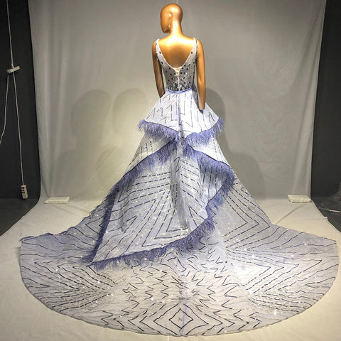 Vestidos de noche azules con cuentas y plumas, estilo sirena, elegantes y lujosos, con sobrefalda para mujer, ideales para bodas y fiestas (LA71586) 