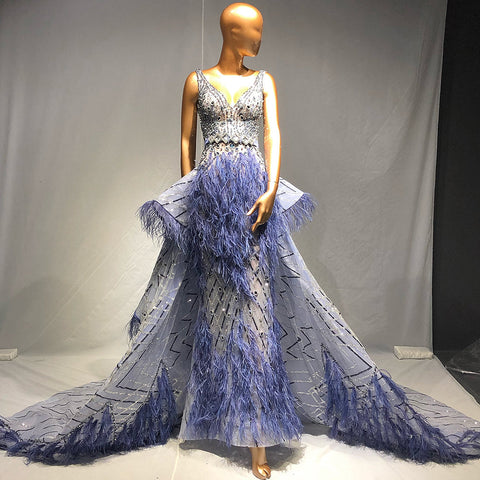 Vestidos de noche azules con cuentas y plumas, estilo sirena, elegantes y lujosos, con sobrefalda para mujer, ideales para bodas y fiestas (LA71586) 