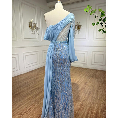 Vestidos de noche de sirena con cuentas azules, elegantes vestidos largos árabes formales para mujer, para bodas y fiestas 2025 LA72103 