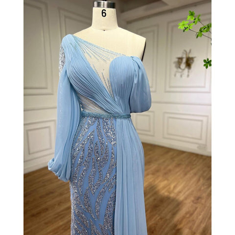 Vestidos de noche de sirena con cuentas azules, elegantes vestidos largos árabes formales para mujer, para bodas y fiestas 2025 LA72103 