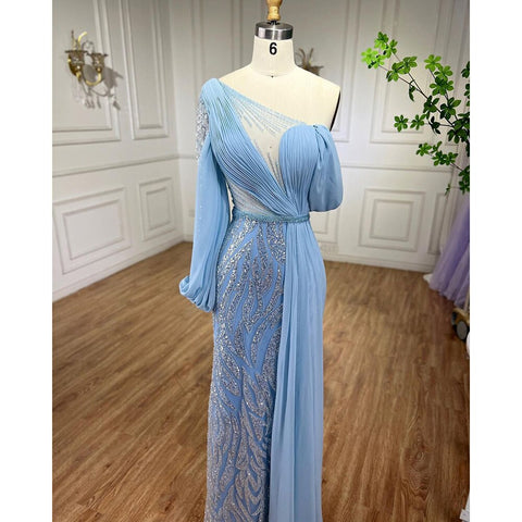 Vestidos de noche de sirena con cuentas azules, elegantes vestidos largos árabes formales para mujer, para bodas y fiestas 2025 LA72103 