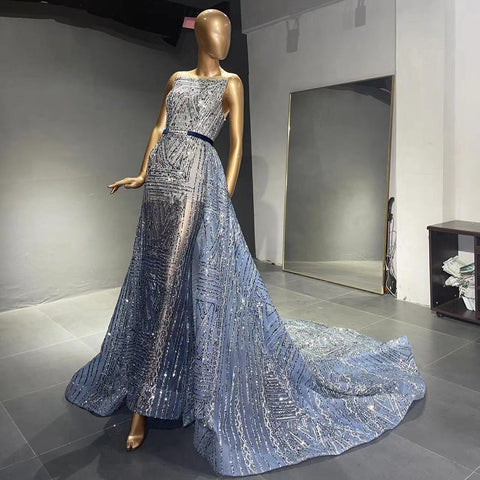 Vestidos de noche sin mangas con cuentas azules, estilo vestido de noche de lujo, corte en A, con sobrefalda para mujer, ideales para bodas y fiestas (LA71588) 