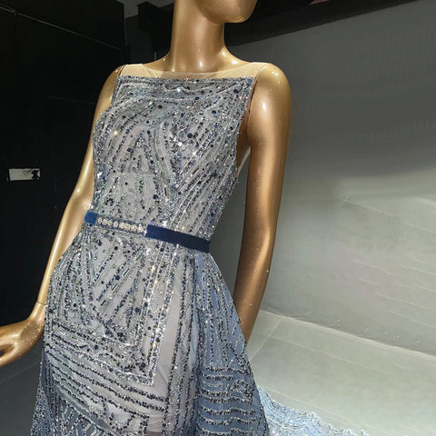 Vestidos de noche sin mangas con cuentas azules, estilo vestido de noche de lujo, corte en A, con sobrefalda para mujer, ideales para bodas y fiestas (LA71588) 
