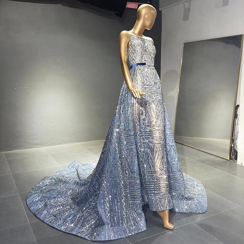 Vestidos de noche sin mangas con cuentas azules, estilo vestido de noche de lujo, corte en A, con sobrefalda para mujer, ideales para bodas y fiestas (LA71588) 