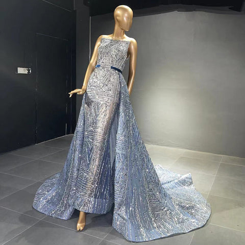 Vestidos de noche sin mangas con cuentas azules, estilo vestido de noche de lujo, corte en A, con sobrefalda para mujer, ideales para bodas y fiestas (LA71588) 