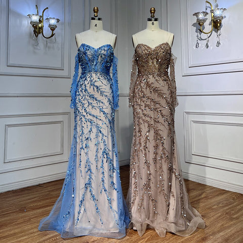Vestidos de noche sirena de manga larga con cuello barco azul, colección 2025, vestidos formales para mujer, ideales para bodas y fiestas (LA71653C) 