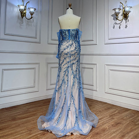 Vestidos de noche sirena de manga larga con cuello barco azul, colección 2025, vestidos formales para mujer, ideales para bodas y fiestas (LA71653C) 