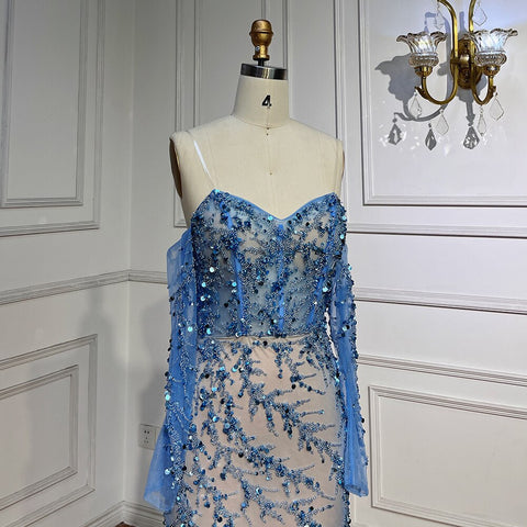 Vestidos de noche sirena de manga larga con cuello barco azul, colección 2025, vestidos formales para mujer, ideales para bodas y fiestas (LA71653C) 