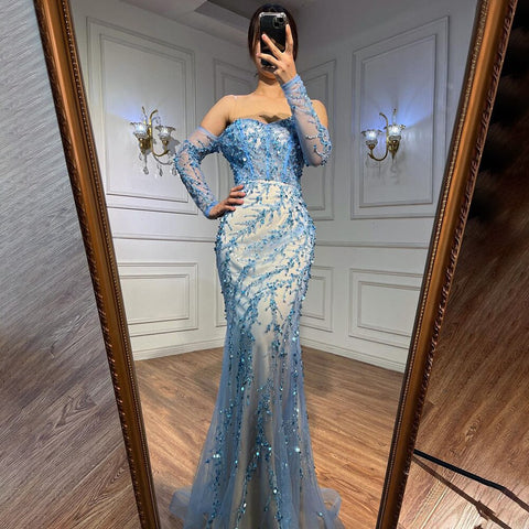 Vestidos de noche sirena de manga larga con cuello barco azul, colección 2025, vestidos formales para mujer, ideales para bodas y fiestas (LA71653C) 