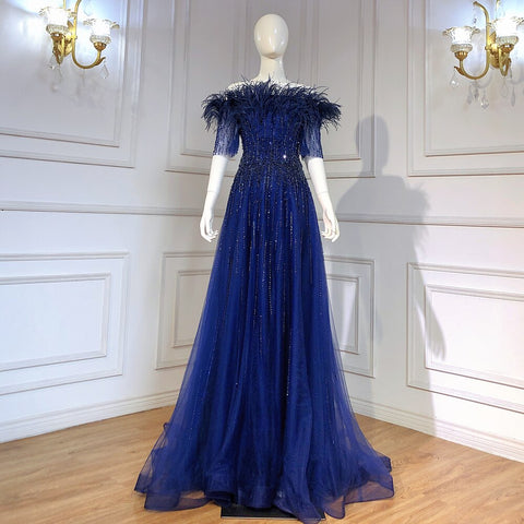 Vestidos de noche de lujo azules con escote barco, manga corta, con cuentas y plumas, corte en A, para mujer, colección 2025, LA71524 