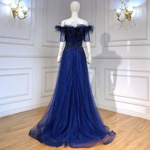 Vestidos de noche de lujo azules con escote barco, manga corta, con cuentas y plumas, corte en A, para mujer, colección 2025, LA71524 