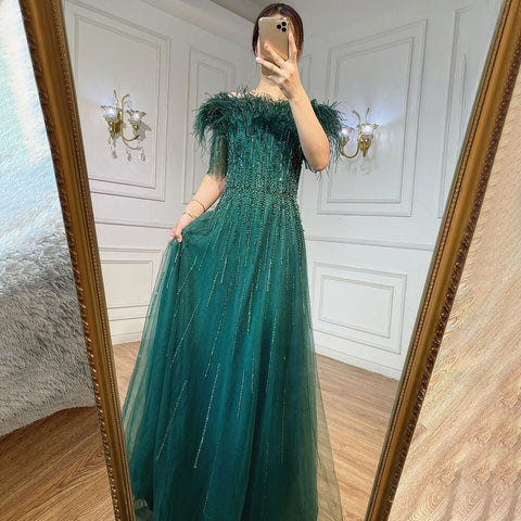 Vestidos de noche de lujo azules con escote barco, manga corta, con cuentas y plumas, corte en A, para mujer, colección 2025, LA71524 