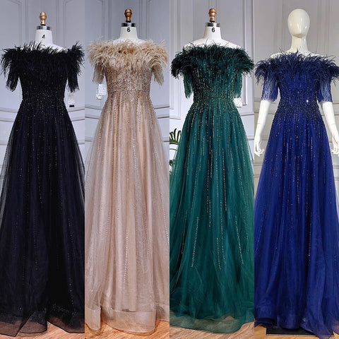 Vestidos de noche de lujo azules con escote barco, manga corta, con cuentas y plumas, corte en A, para mujer, colección 2025, LA71524 