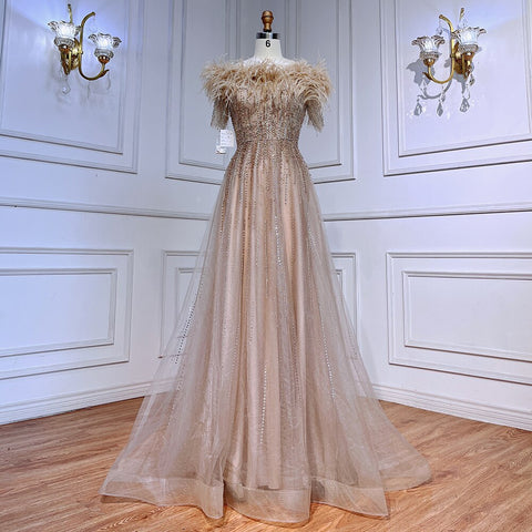 Vestidos de noche de lujo azules con escote barco, manga corta, con cuentas y plumas, corte en A, para mujer, colección 2025, LA71524 