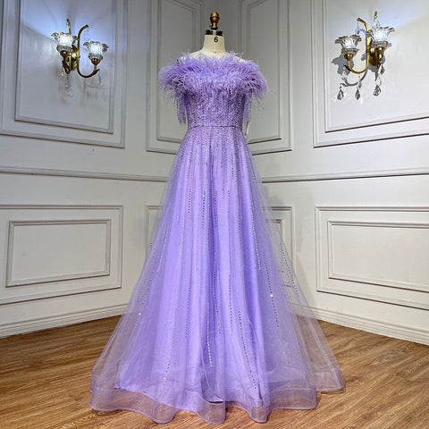 Vestidos de noche de lujo azules con escote barco, manga corta, con cuentas y plumas, corte en A, para mujer, colección 2025, LA71524 