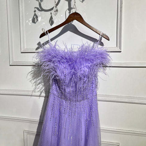 Vestidos de noche de lujo azules con escote barco, manga corta, con cuentas y plumas, corte en A, para mujer, colección 2025, LA71524 