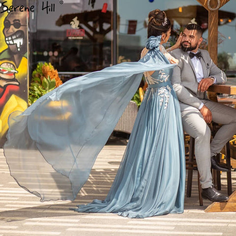 Blue Cape Sleeve Sexy Evening Dresses Gowns 2025 Beaded A-Line For Woman Wedding Party LA70308