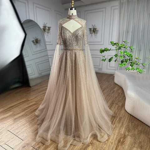 Arabic Blue Cape Sleeves A Line Beaded Luxury Dubai Evening Dresses Wedding Party Gowns For Women 2025 LA72191