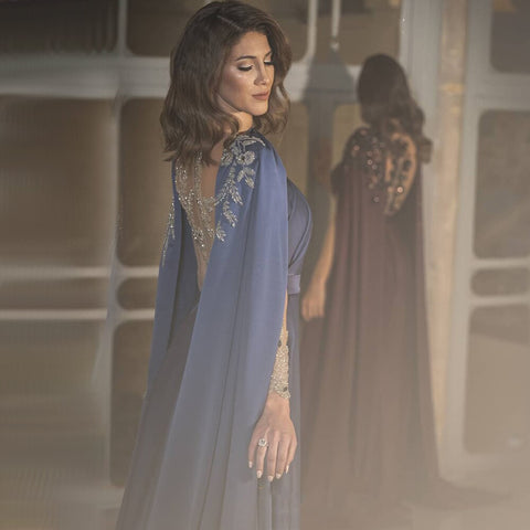 Blue Cape Sleeves Evening Dresses Gowns 2025 Beaded Satin Sexy A-Line For Woman Party  LA71215