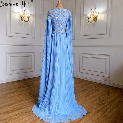 Robe de soirée bleue à manches cape, coupe trapèze, en mousseline de soie, avec perles, pour femme, LA71319, 2025 