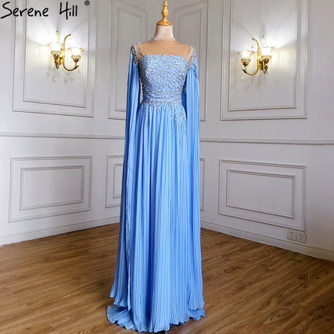 Robe de soirée bleue à manches cape, coupe trapèze, en mousseline de soie, avec perles, pour femme, LA71319, 2025 