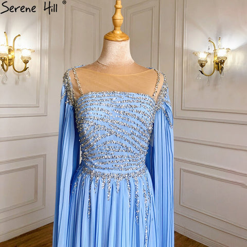 Robe de soirée bleue à manches cape, coupe trapèze, en mousseline de soie, avec perles, pour femme, LA71319, 2025 