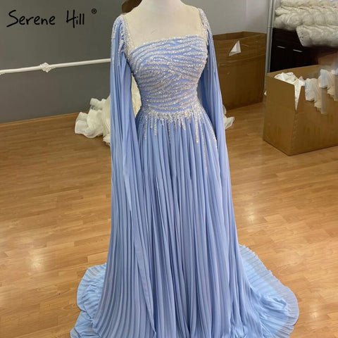 Robe de soirée bleue à manches cape, coupe trapèze, en mousseline de soie, avec perles, pour femme, LA71319, 2025 