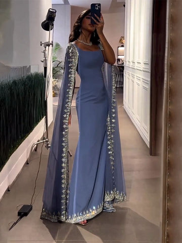 Blue Cape Sleeves Luxury Evening Dresses Gowns 2025 Mermaid Beaded Elegant For Women Party LA72086